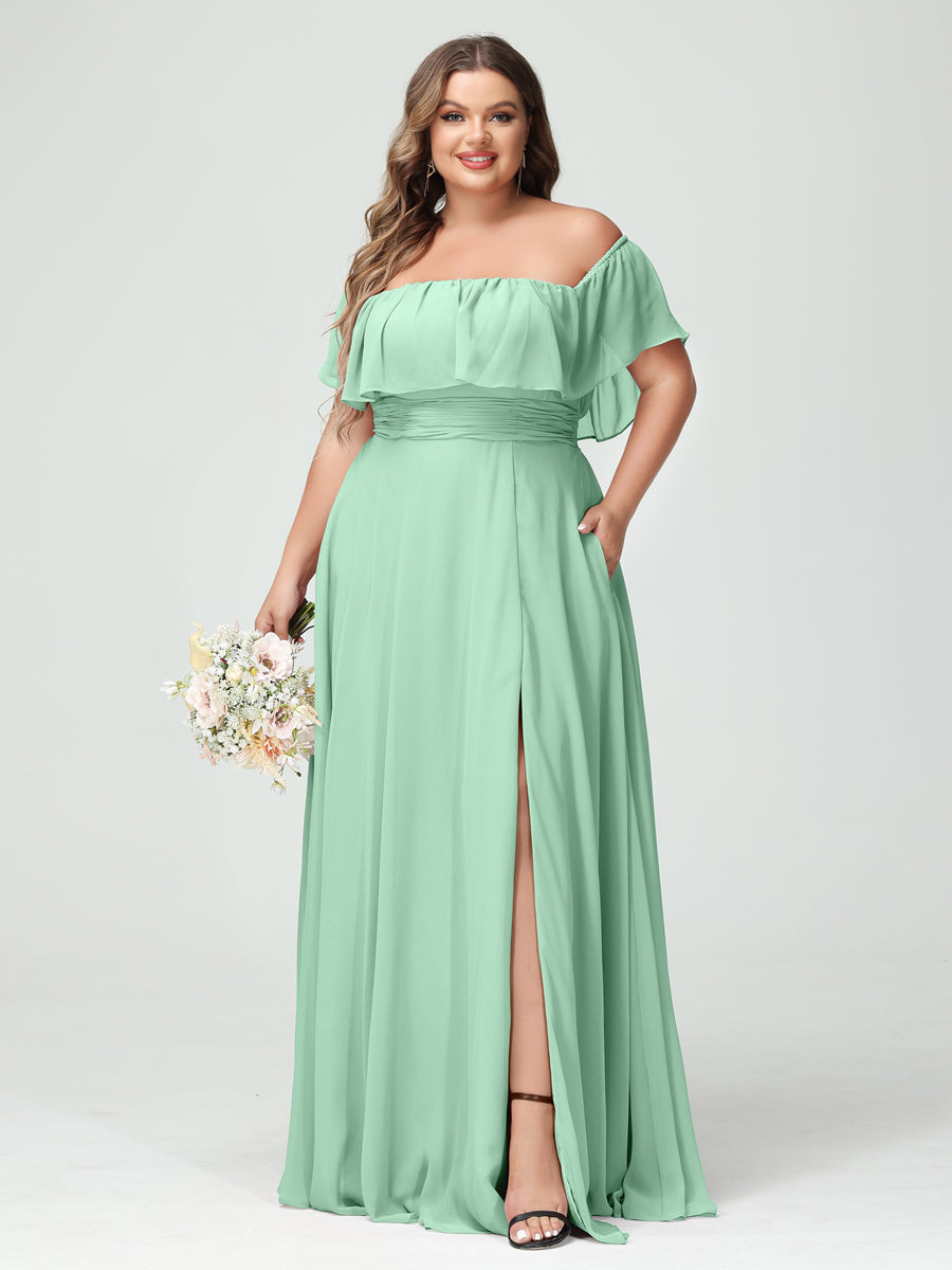 A-Line/Princess Off-the-Shoulder Short Sleeves Chiffon Split Side Plus Size Bridesmaid Dresses with Pockets Mint Green