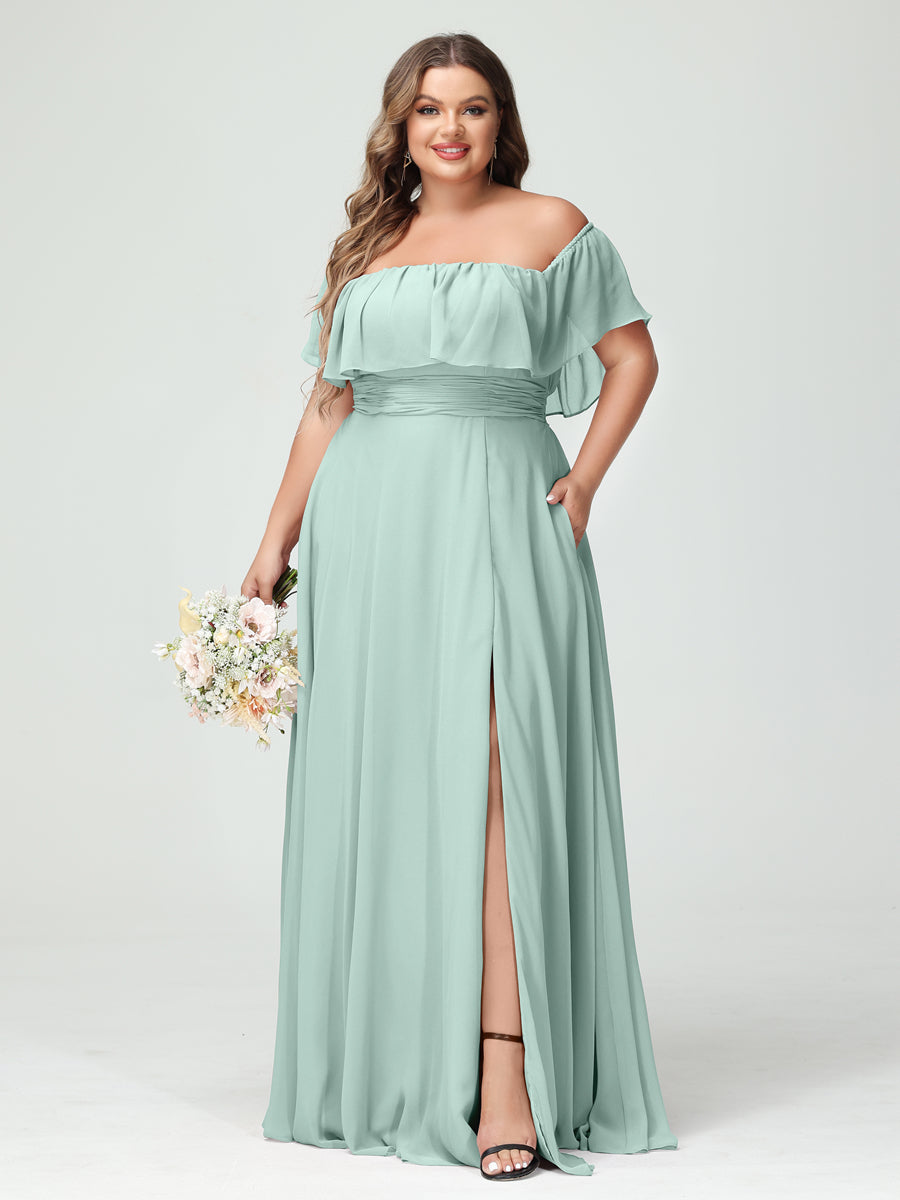 A-Line/Princess Off-the-Shoulder Short Sleeves Chiffon Split Side Plus Size Bridesmaid Dresses with Pockets Mist Blue