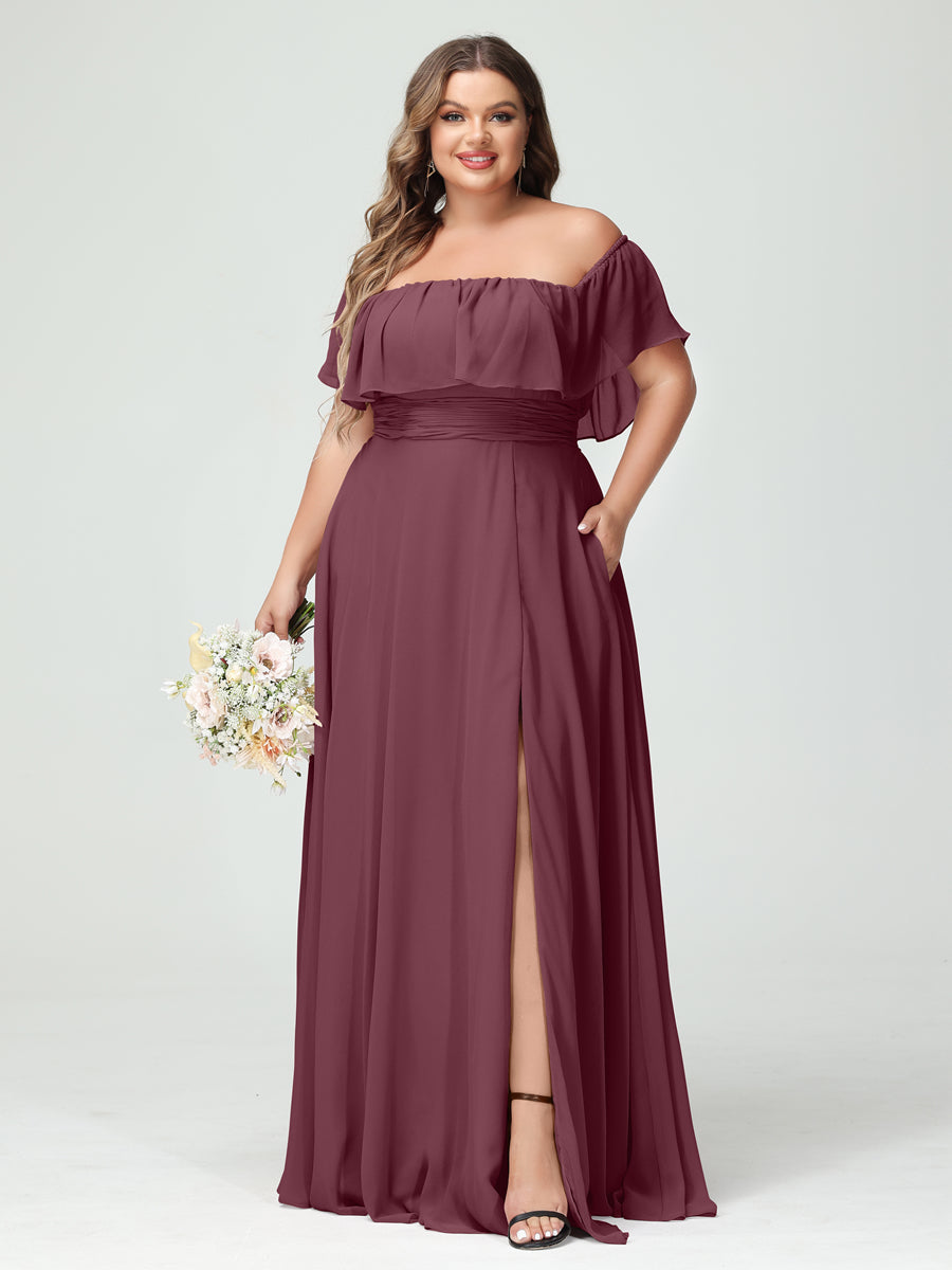 A-Line/Princess Off-the-Shoulder Short Sleeves Chiffon Split Side Plus Size Bridesmaid Dresses with Pockets Mulberry