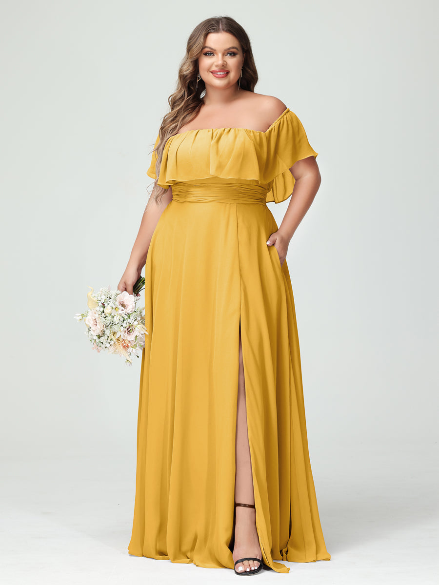A-Line/Princess Off-the-Shoulder Short Sleeves Chiffon Split Side Plus Size Bridesmaid Dresses with Pockets Mustard Yellow