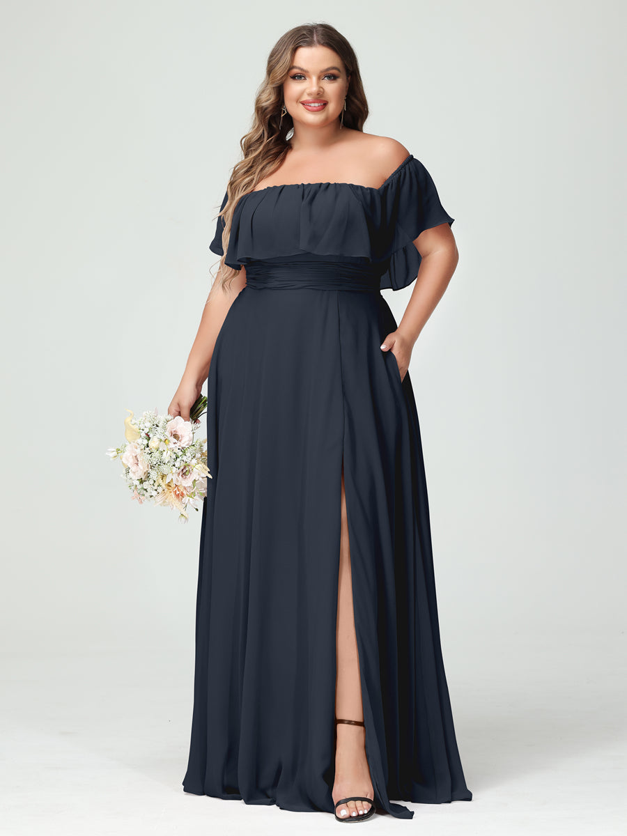 A-Line/Princess Off-the-Shoulder Short Sleeves Chiffon Split Side Plus Size Bridesmaid Dresses with Pockets Navy Blue