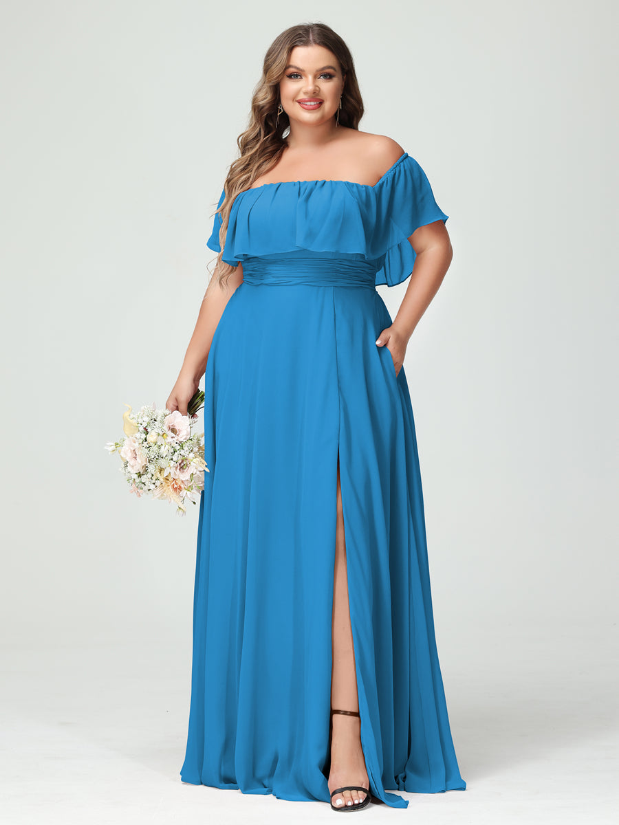 A-Line/Princess Off-the-Shoulder Short Sleeves Chiffon Split Side Plus Size Bridesmaid Dresses with Pockets Ocean Blue