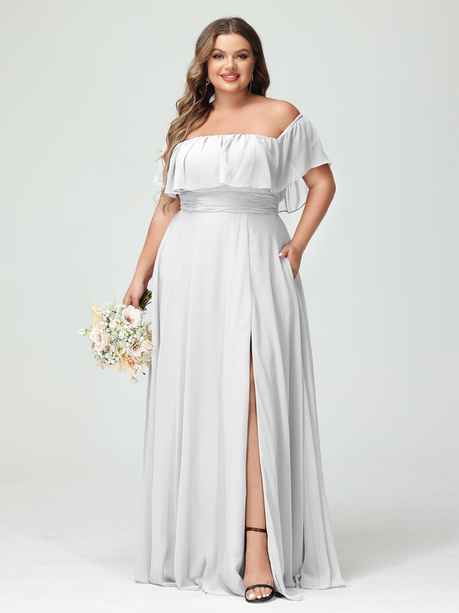 A-Line/Princess Off-the-Shoulder Short Sleeves Chiffon Split Side Plus Size Bridesmaid Dresses with Pockets Off White