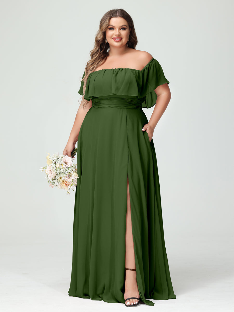 A-Line/Princess Off-the-Shoulder Short Sleeves Chiffon Split Side Plus Size Bridesmaid Dresses with Pockets Olive Green
