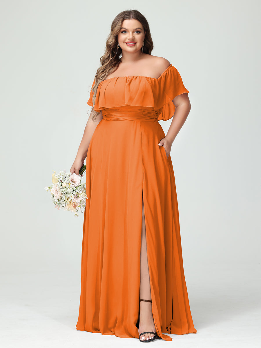 A-Line/Princess Off-the-Shoulder Short Sleeves Chiffon Split Side Plus Size Bridesmaid Dresses with Pockets Orange