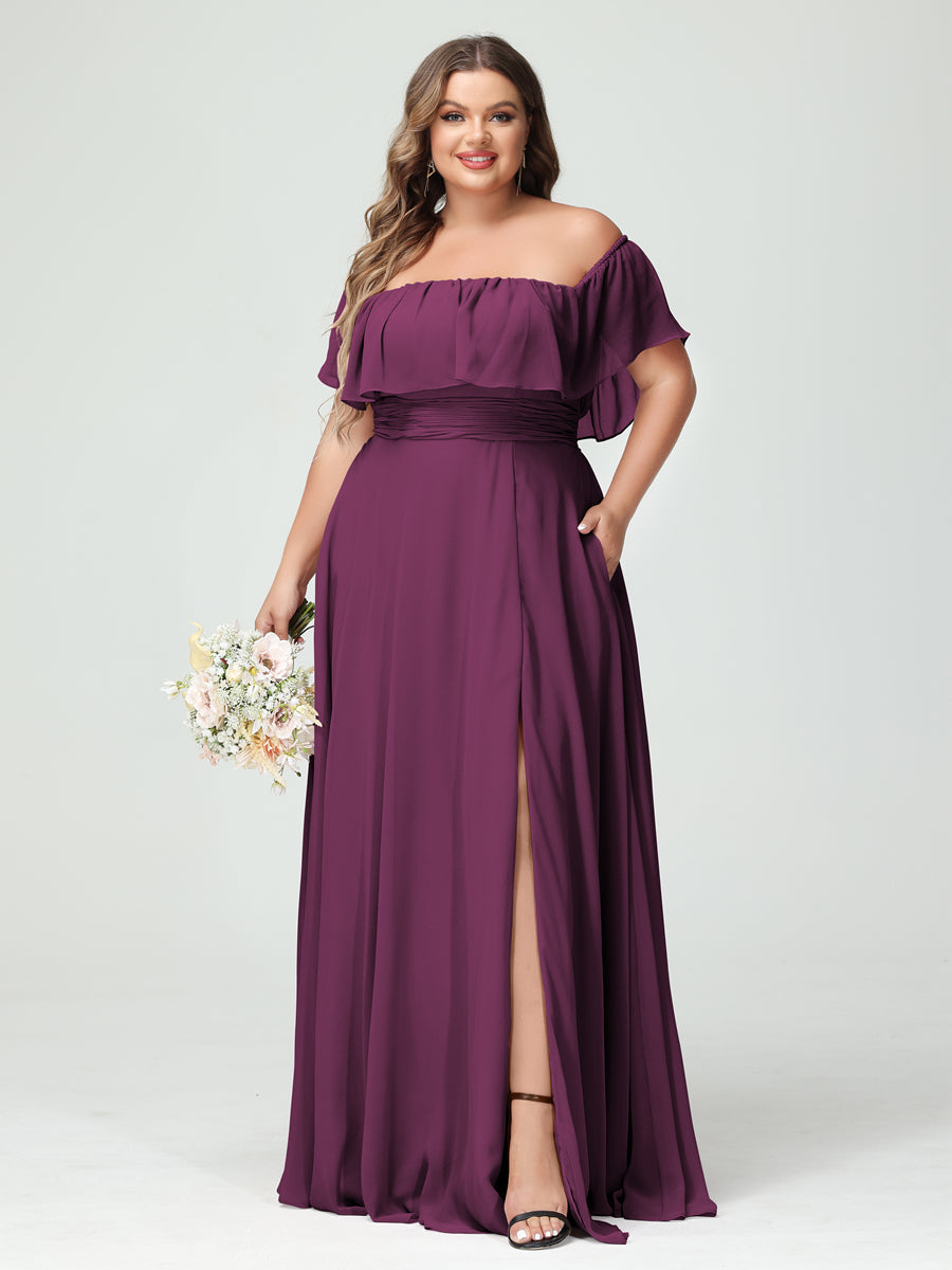 A-Line/Princess Off-the-Shoulder Short Sleeves Chiffon Split Side Plus Size Bridesmaid Dresses with Pockets Orchid