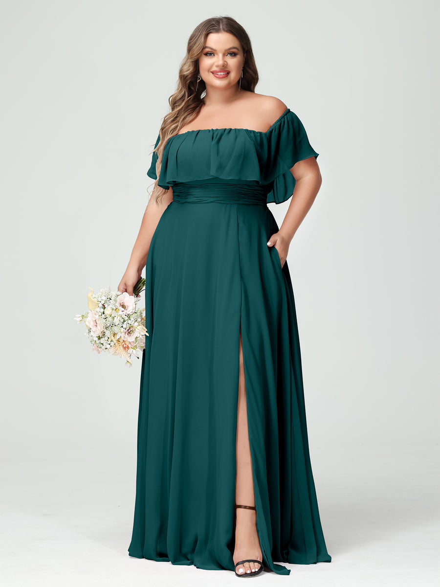 A-Line/Princess Off-the-Shoulder Short Sleeves Chiffon Split Side Plus Size Bridesmaid Dresses with Pockets Peacock