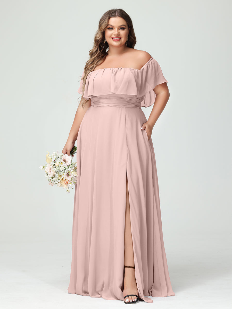 A-Line/Princess Off-the-Shoulder Short Sleeves Chiffon Split Side Plus Size Bridesmaid Dresses with Pockets Pearl Pink