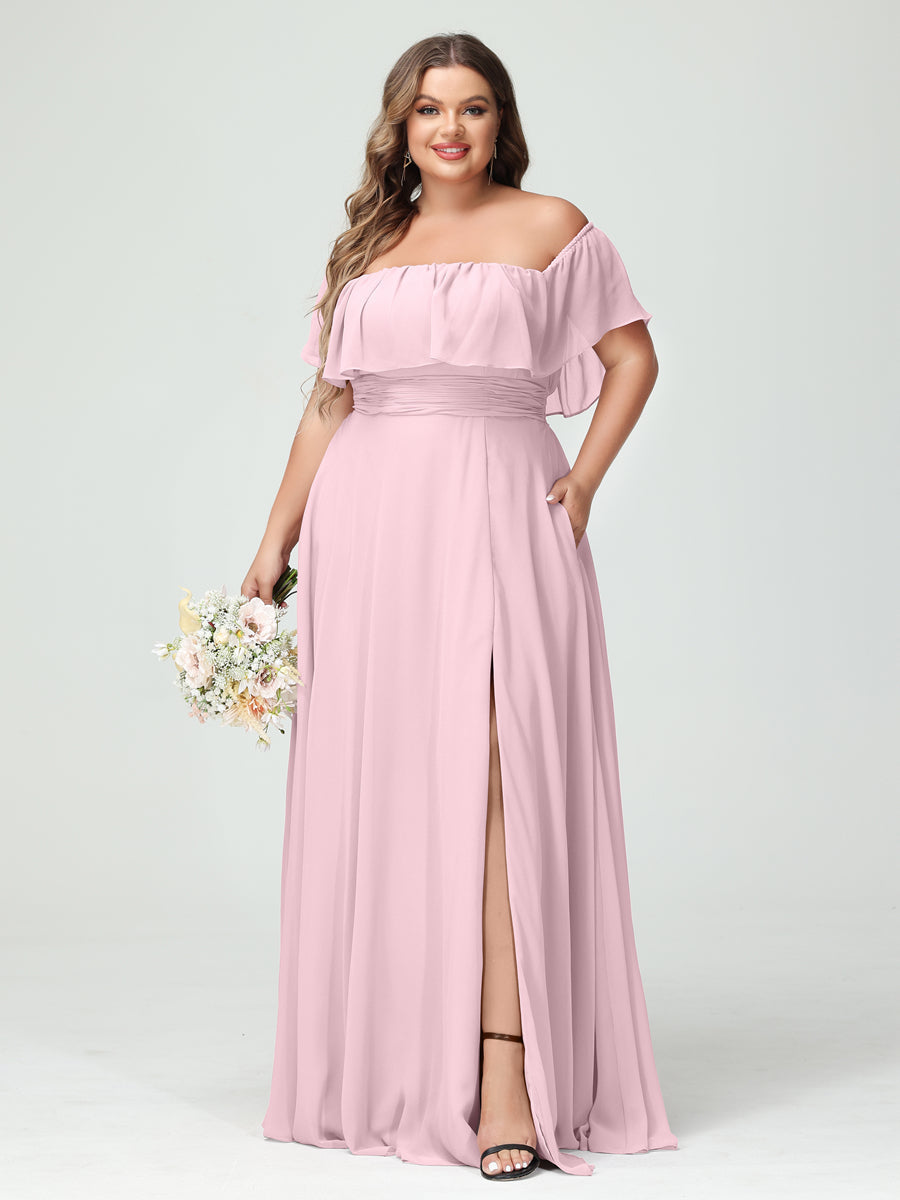 A-Line/Princess Off-the-Shoulder Short Sleeves Chiffon Split Side Plus Size Bridesmaid Dresses with Pockets Pink