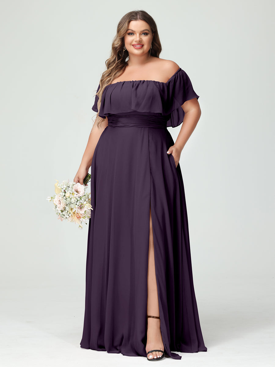 A-Line/Princess Off-the-Shoulder Short Sleeves Chiffon Split Side Plus Size Bridesmaid Dresses with Pockets Plum