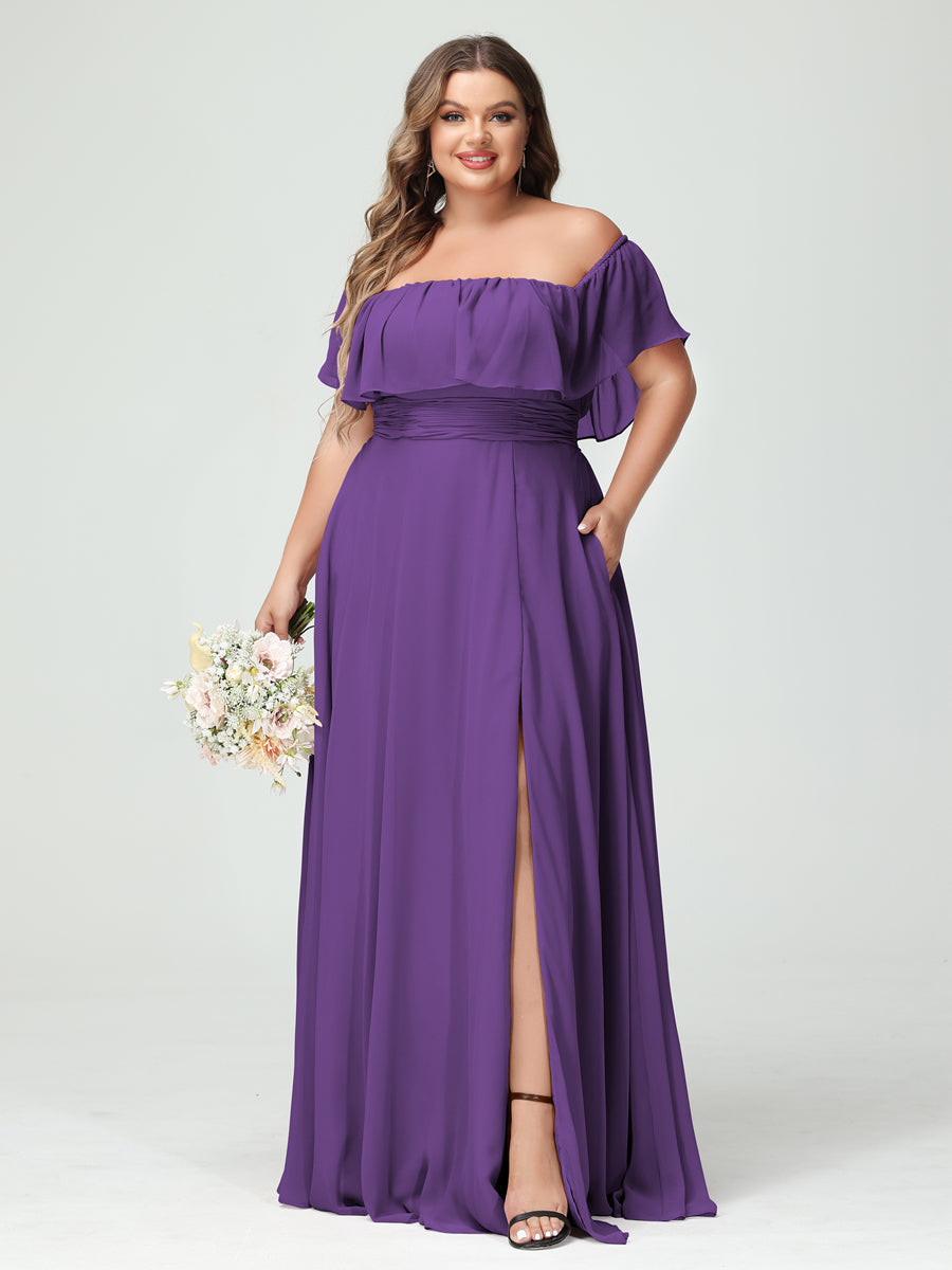 A-Line/Princess Off-the-Shoulder Short Sleeves Chiffon Split Side Plus Size Bridesmaid Dresses with Pockets Purple