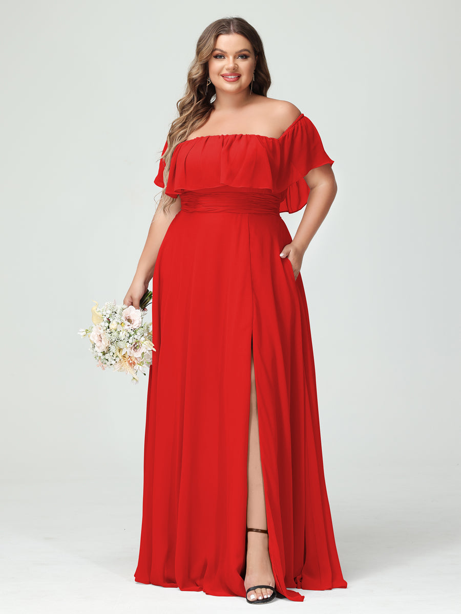 A-Line/Princess Off-the-Shoulder Short Sleeves Chiffon Split Side Plus Size Bridesmaid Dresses with Pockets Red