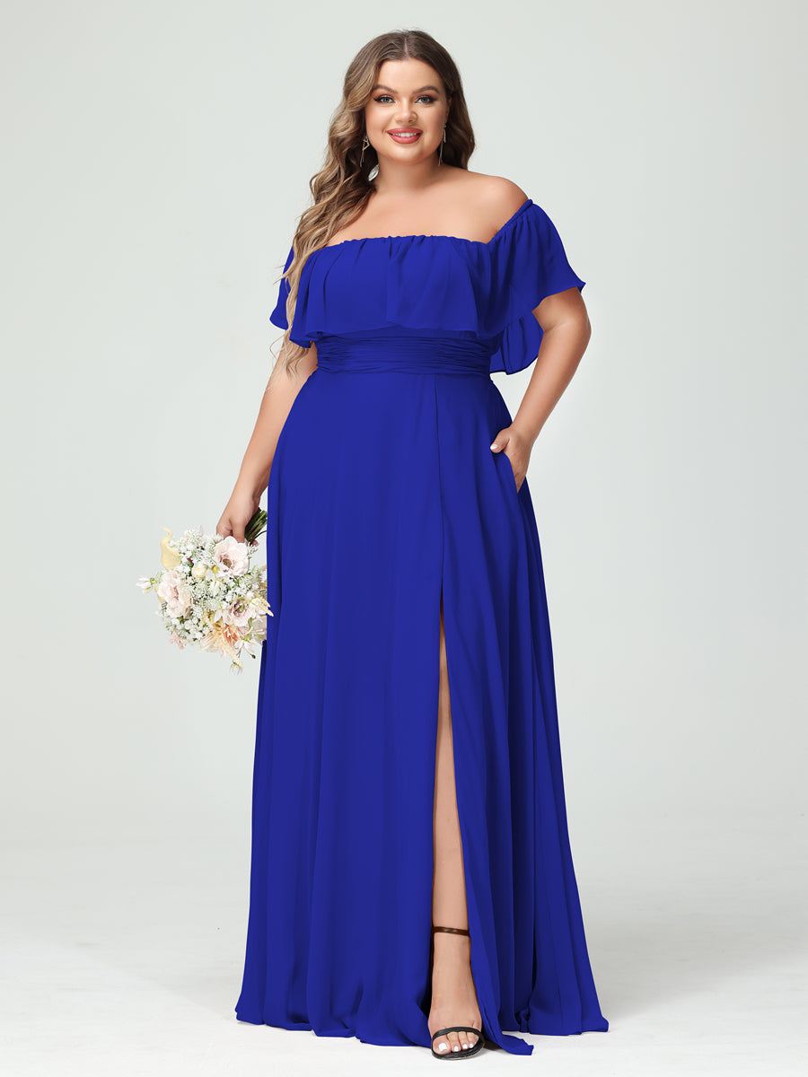 A-Line/Princess Off-the-Shoulder Short Sleeves Chiffon Split Side Plus Size Bridesmaid Dresses with Pockets Royal Blue