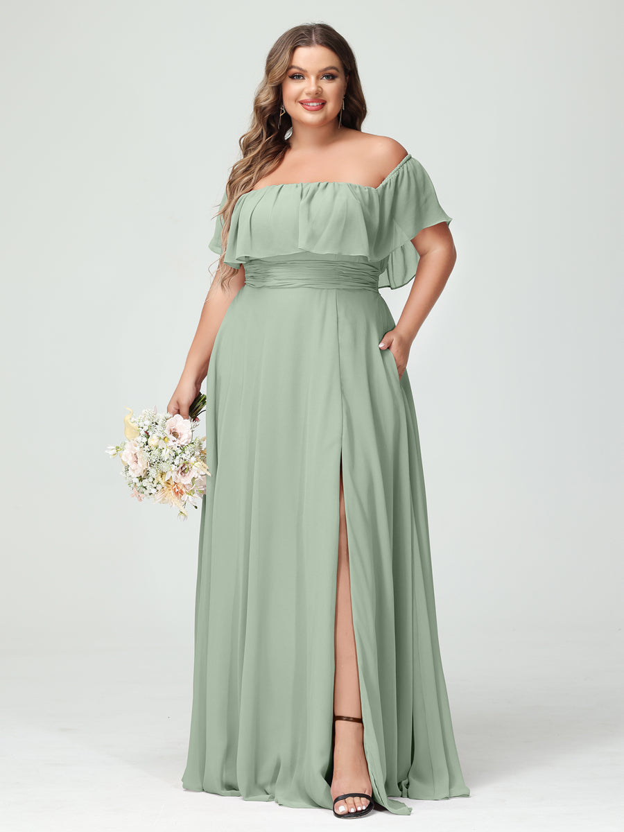 A-Line/Princess Off-the-Shoulder Short Sleeves Chiffon Split Side Plus Size Bridesmaid Dresses with Pockets Sage