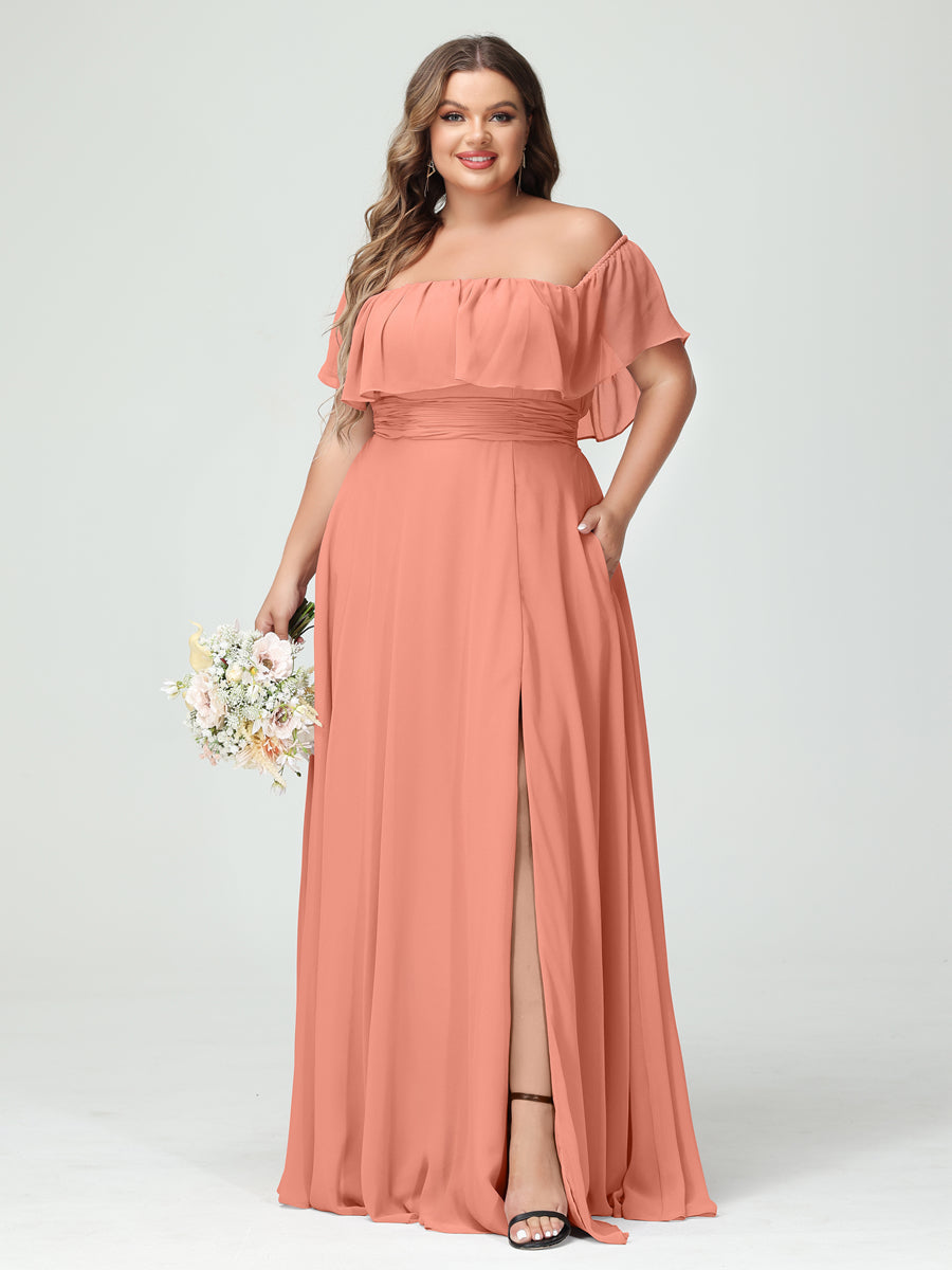 A-Line/Princess Off-the-Shoulder Short Sleeves Chiffon Split Side Plus Size Bridesmaid Dresses with Pockets Salmon