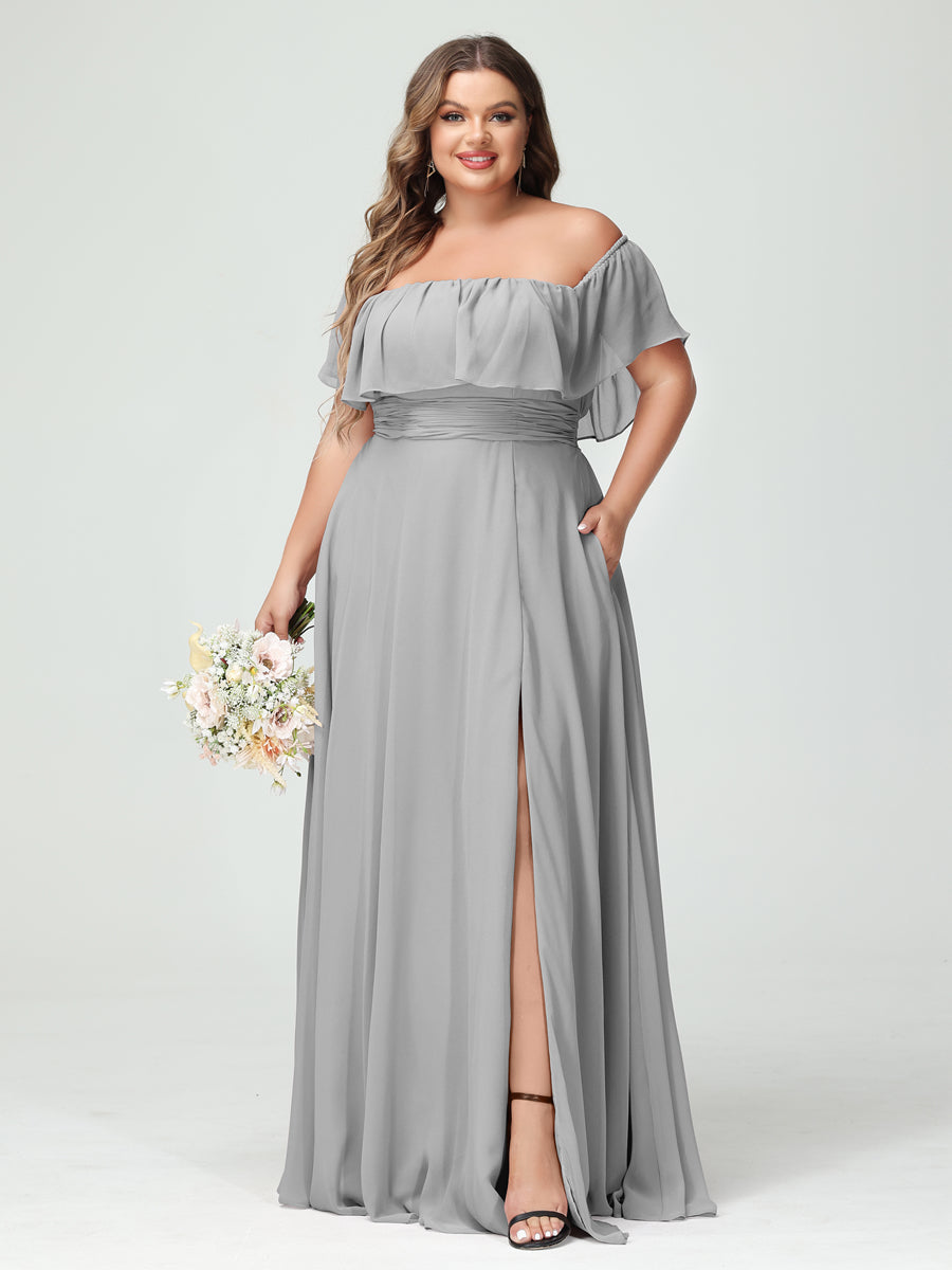 A-Line/Princess Off-the-Shoulder Short Sleeves Chiffon Split Side Plus Size Bridesmaid Dresses with Pockets Silver