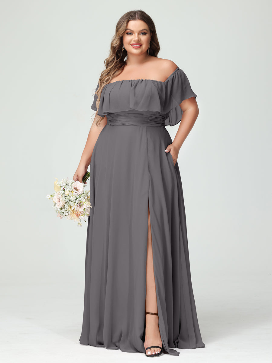 A-Line/Princess Off-the-Shoulder Short Sleeves Chiffon Split Side Plus Size Bridesmaid Dresses with Pockets Silver Gray