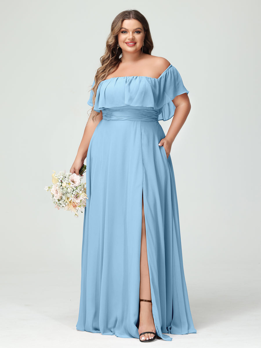 A-Line/Princess Off-the-Shoulder Short Sleeves Chiffon Split Side Plus Size Bridesmaid Dresses with Pockets Sky Blue