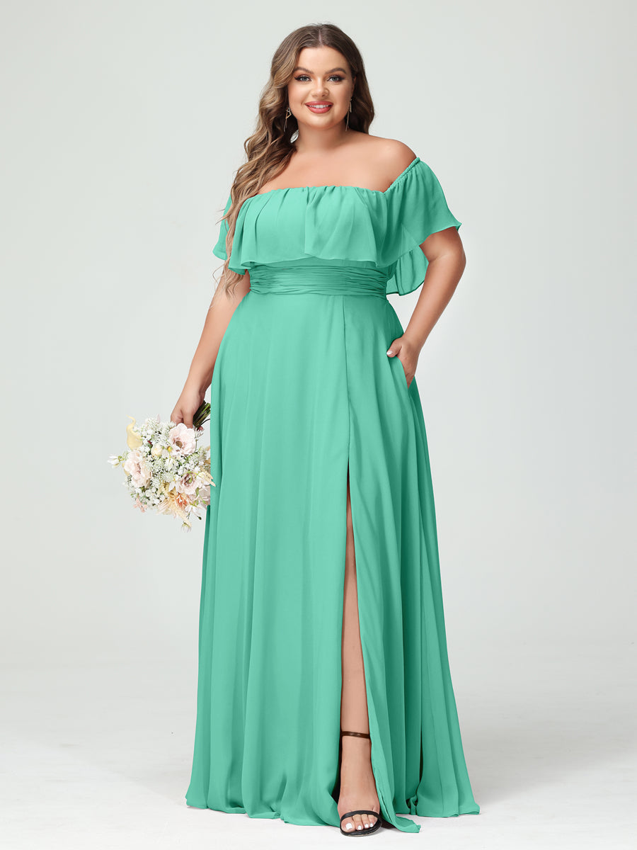 A-Line/Princess Off-the-Shoulder Short Sleeves Chiffon Split Side Plus Size Bridesmaid Dresses with Pockets Spa
