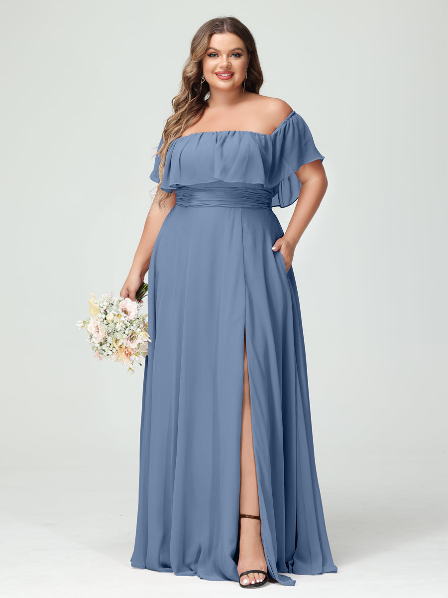 A-Line/Princess Off-the-Shoulder Short Sleeves Chiffon Split Side Plus Size Bridesmaid Dresses with Pockets Steel Blue