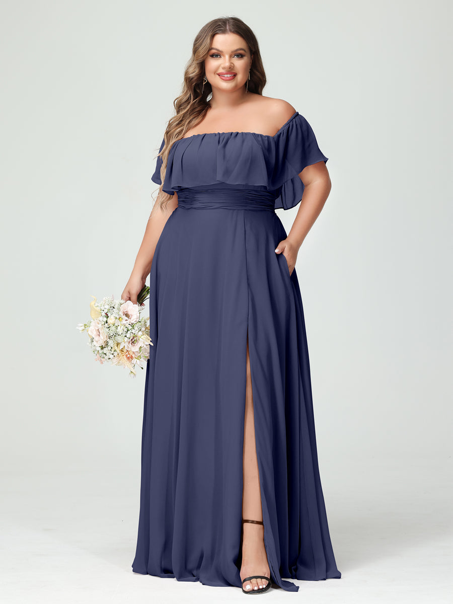 A-Line/Princess Off-the-Shoulder Short Sleeves Chiffon Split Side Plus Size Bridesmaid Dresses with Pockets Stormy Blue