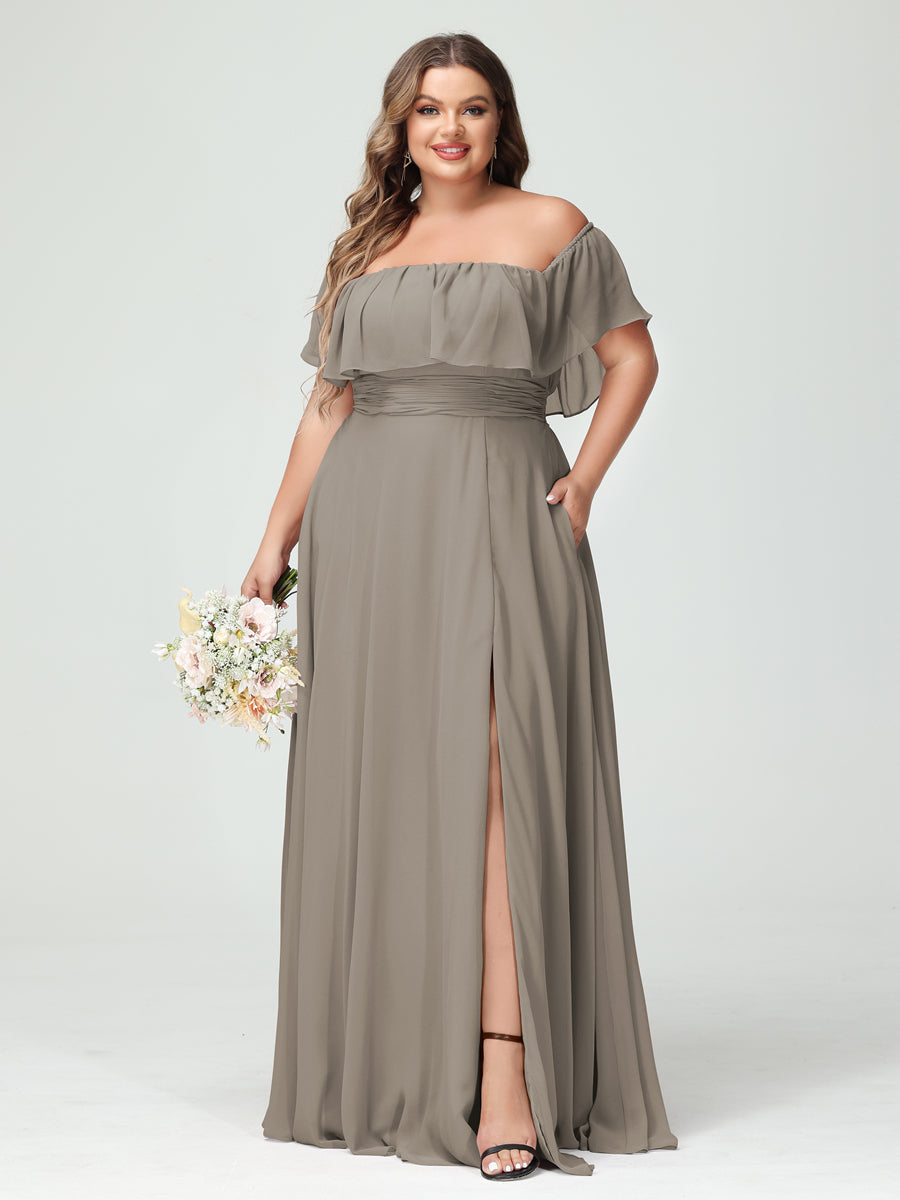 A-Line/Princess Off-the-Shoulder Short Sleeves Chiffon Split Side Plus Size Bridesmaid Dresses with Pockets Taupe