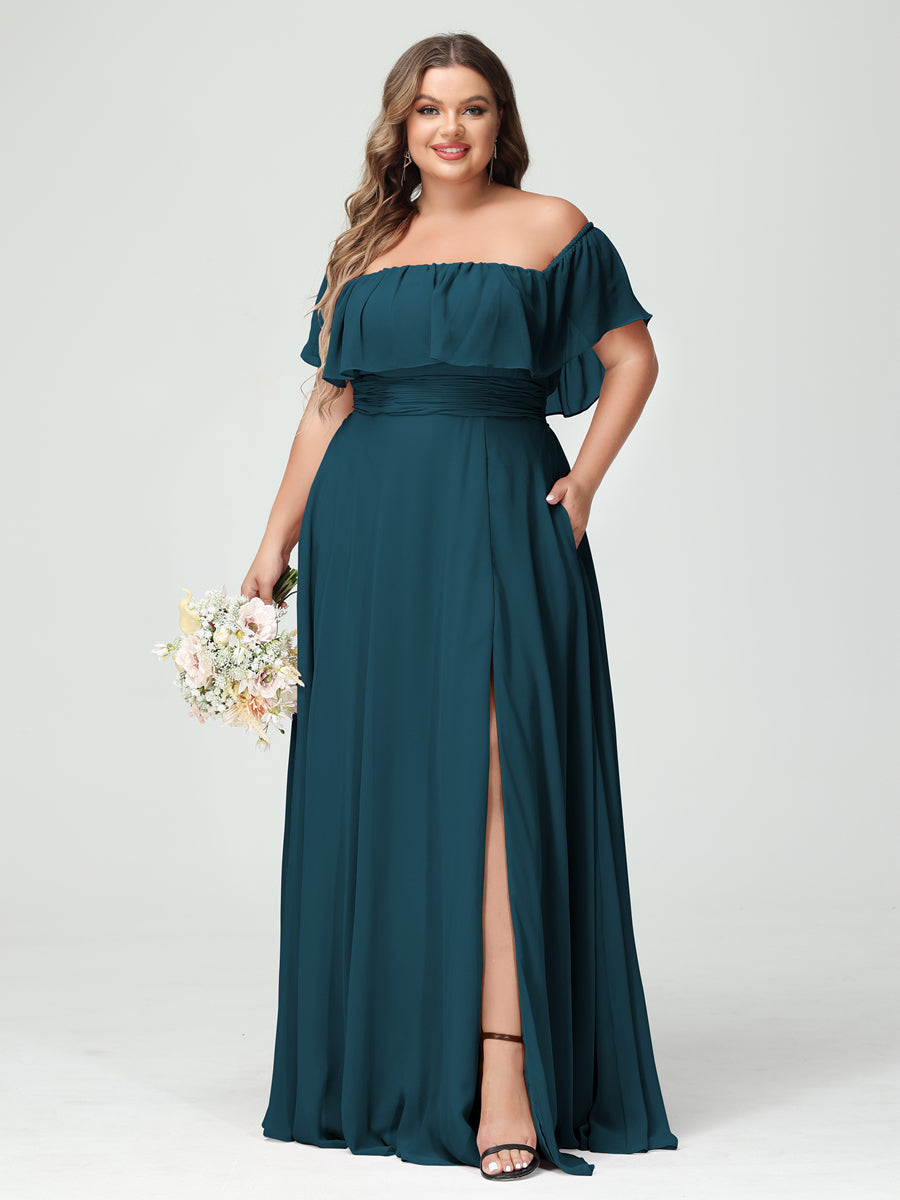 A-Line/Princess Off-the-Shoulder Short Sleeves Chiffon Split Side Plus Size Bridesmaid Dresses with Pockets Teal