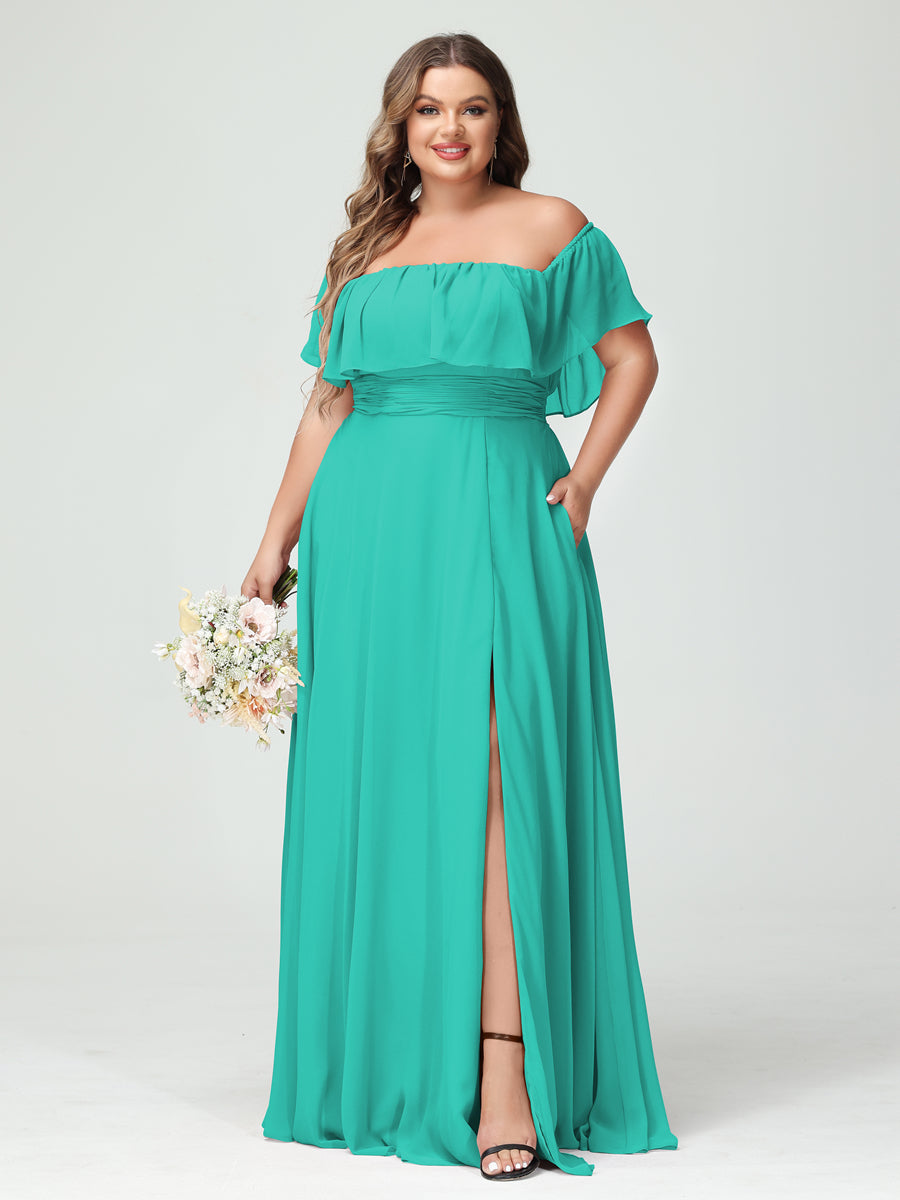 A-Line/Princess Off-the-Shoulder Short Sleeves Chiffon Split Side Plus Size Bridesmaid Dresses with Pockets Turquoise