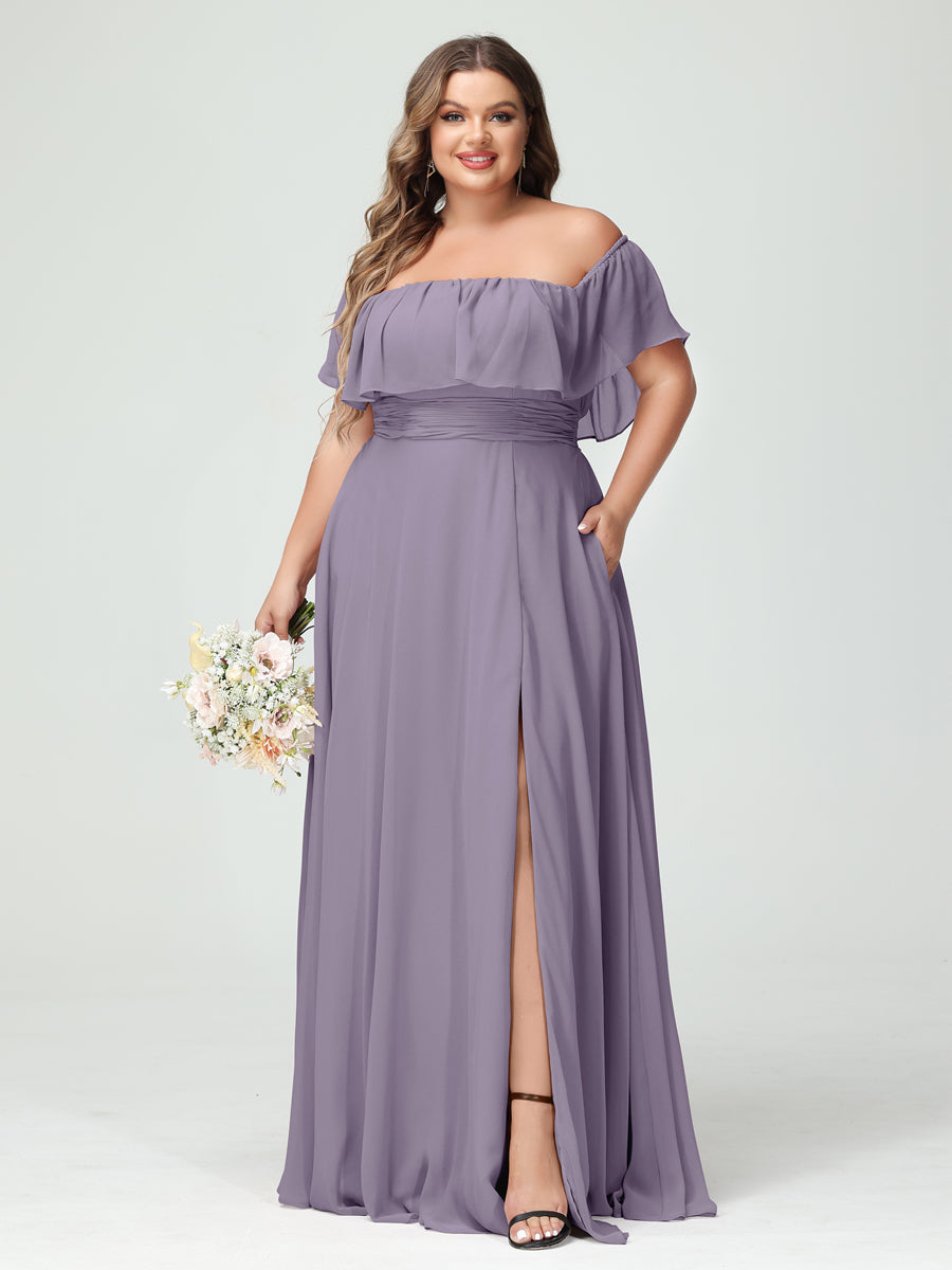 A-Line/Princess Off-the-Shoulder Short Sleeves Chiffon Split Side Plus Size Bridesmaid Dresses with Pockets Wisteria