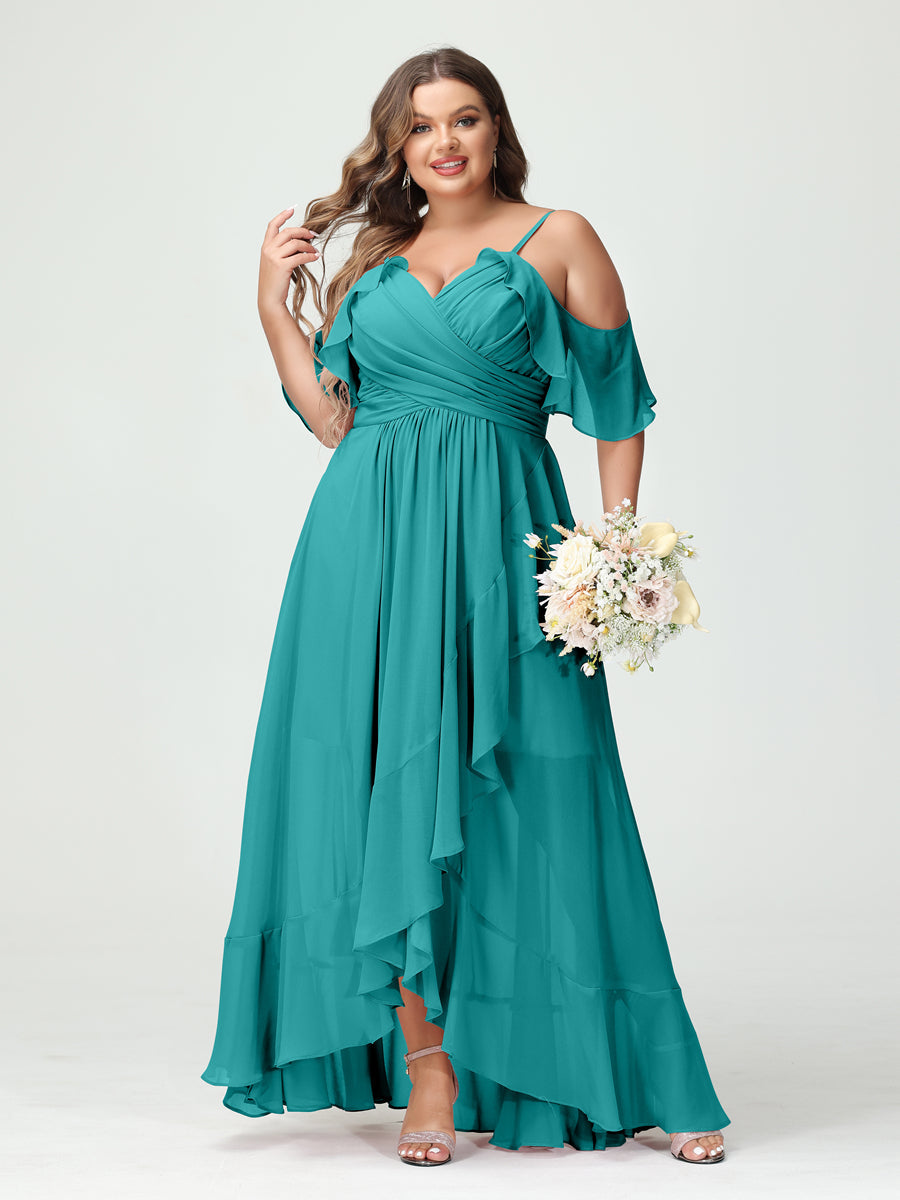A-Line/Princess Spaghetti Straps V-Neck Short Sleeves Chiffon Ruffles Asymmetrical Plus Size Bridesmaid Dresses Aqua Blue