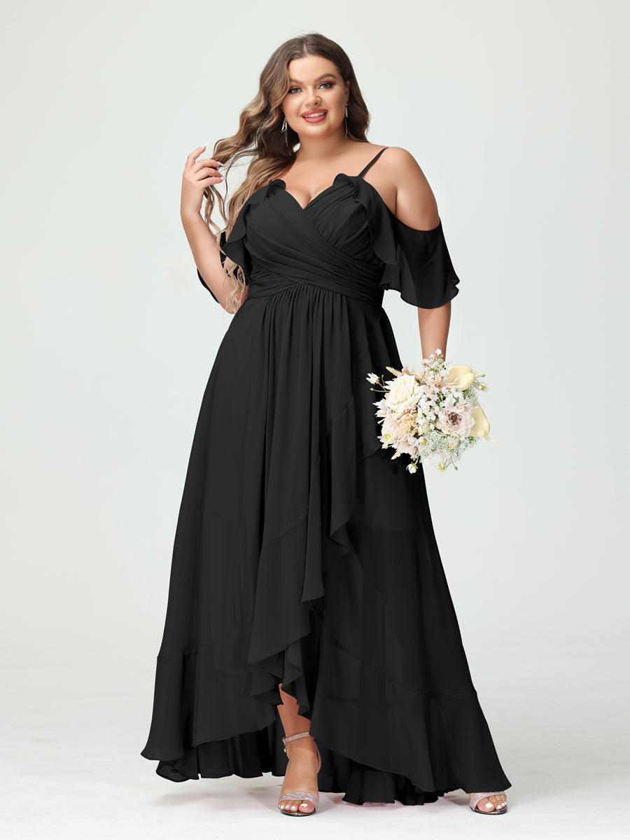 A-Line/Princess Spaghetti Straps V-Neck Short Sleeves Chiffon Ruffles Asymmetrical Plus Size Bridesmaid Dresses Black