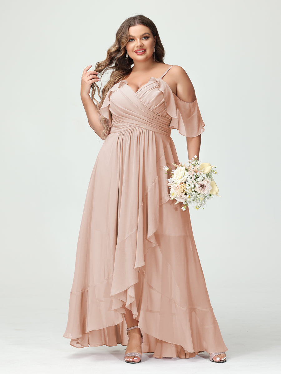 A-Line/Princess Spaghetti Straps V-Neck Short Sleeves Chiffon Ruffles Asymmetrical Plus Size Bridesmaid Dresses Blush Pink