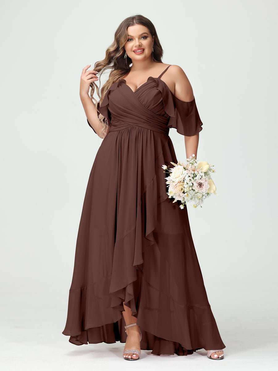 A-Line/Princess Spaghetti Straps V-Neck Short Sleeves Chiffon Ruffles Asymmetrical Plus Size Bridesmaid Dresses Brown