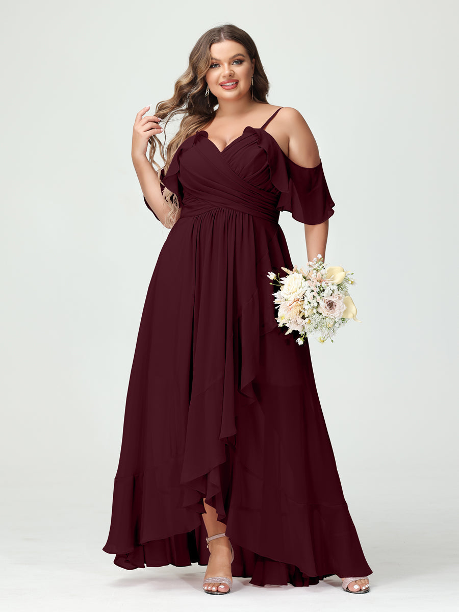 A-Line/Princess Spaghetti Straps V-Neck Short Sleeves Chiffon Ruffles Asymmetrical Plus Size Bridesmaid Dresses Burgundy