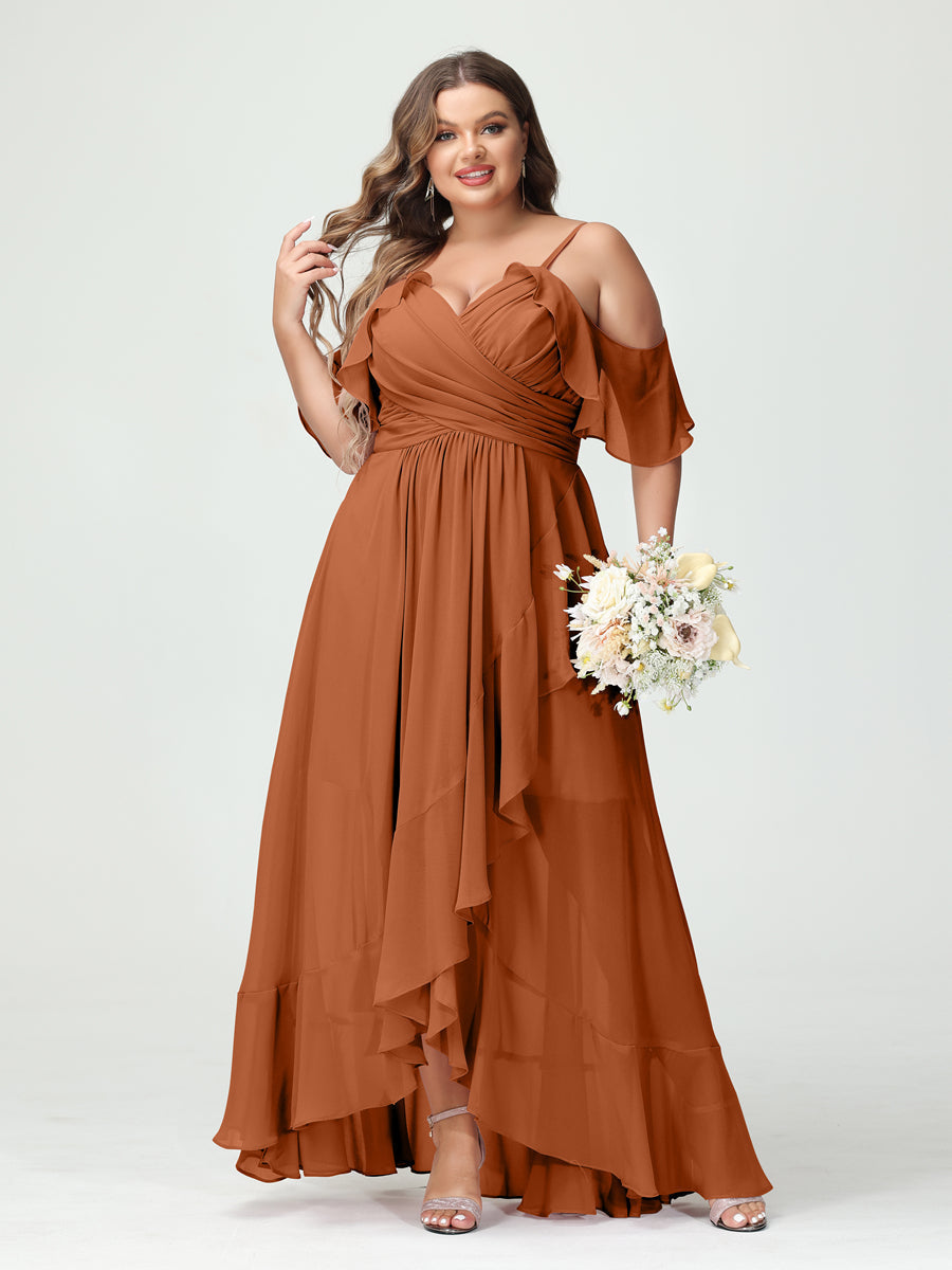 A-Line/Princess Spaghetti Straps V-Neck Short Sleeves Chiffon Ruffles Asymmetrical Plus Size Bridesmaid Dresses Burnt Orange