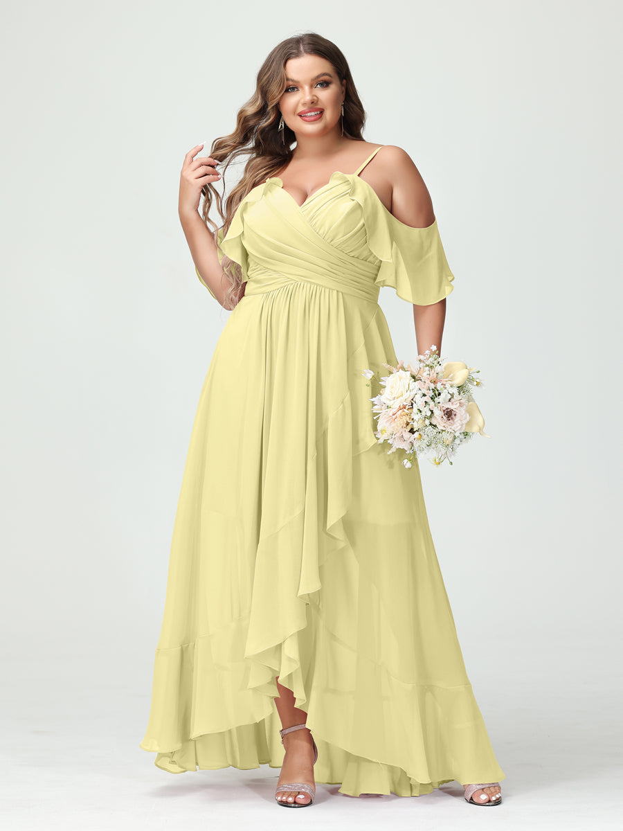 A-Line/Princess Spaghetti Straps V-Neck Short Sleeves Chiffon Ruffles Asymmetrical Plus Size Bridesmaid Dresses Canary
