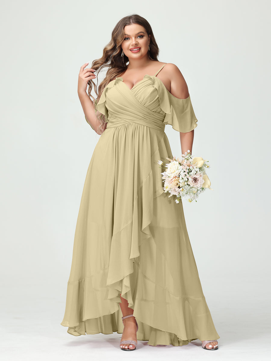 A-Line/Princess Spaghetti Straps V-Neck Short Sleeves Chiffon Ruffles Asymmetrical Plus Size Bridesmaid Dresses Champagne