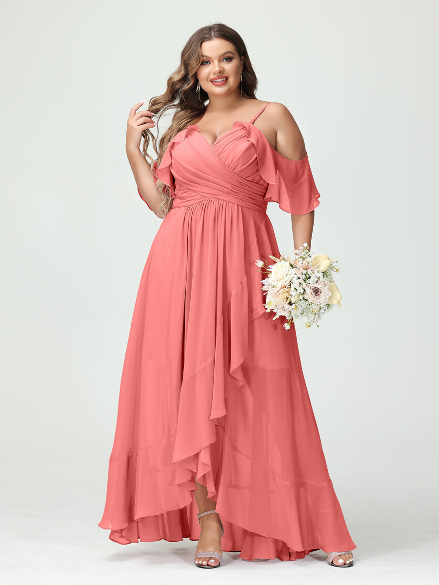 A-Line/Princess Spaghetti Straps V-Neck Short Sleeves Chiffon Ruffles Asymmetrical Plus Size Bridesmaid Dresses Coral