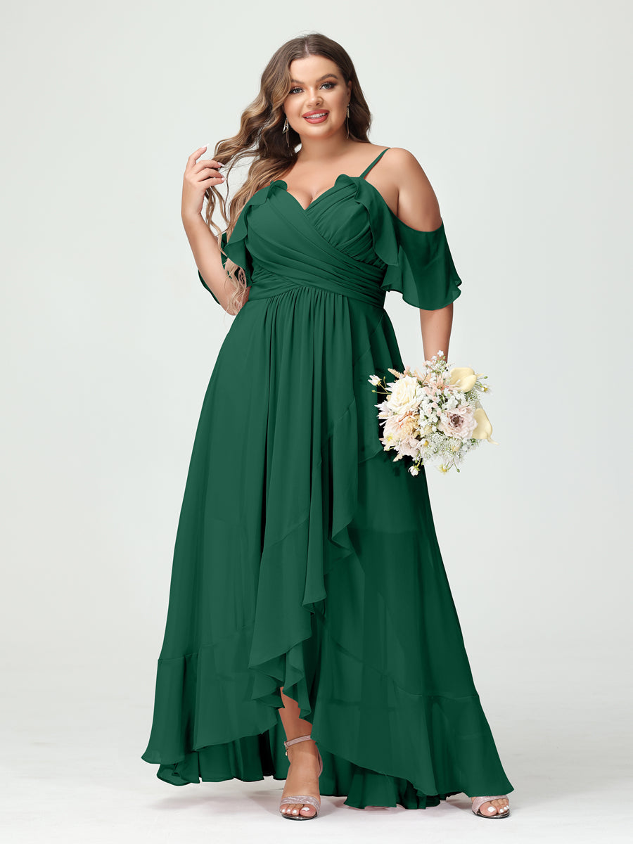 A-Line/Princess Spaghetti Straps V-Neck Short Sleeves Chiffon Ruffles Asymmetrical Plus Size Bridesmaid Dresses Dark Green