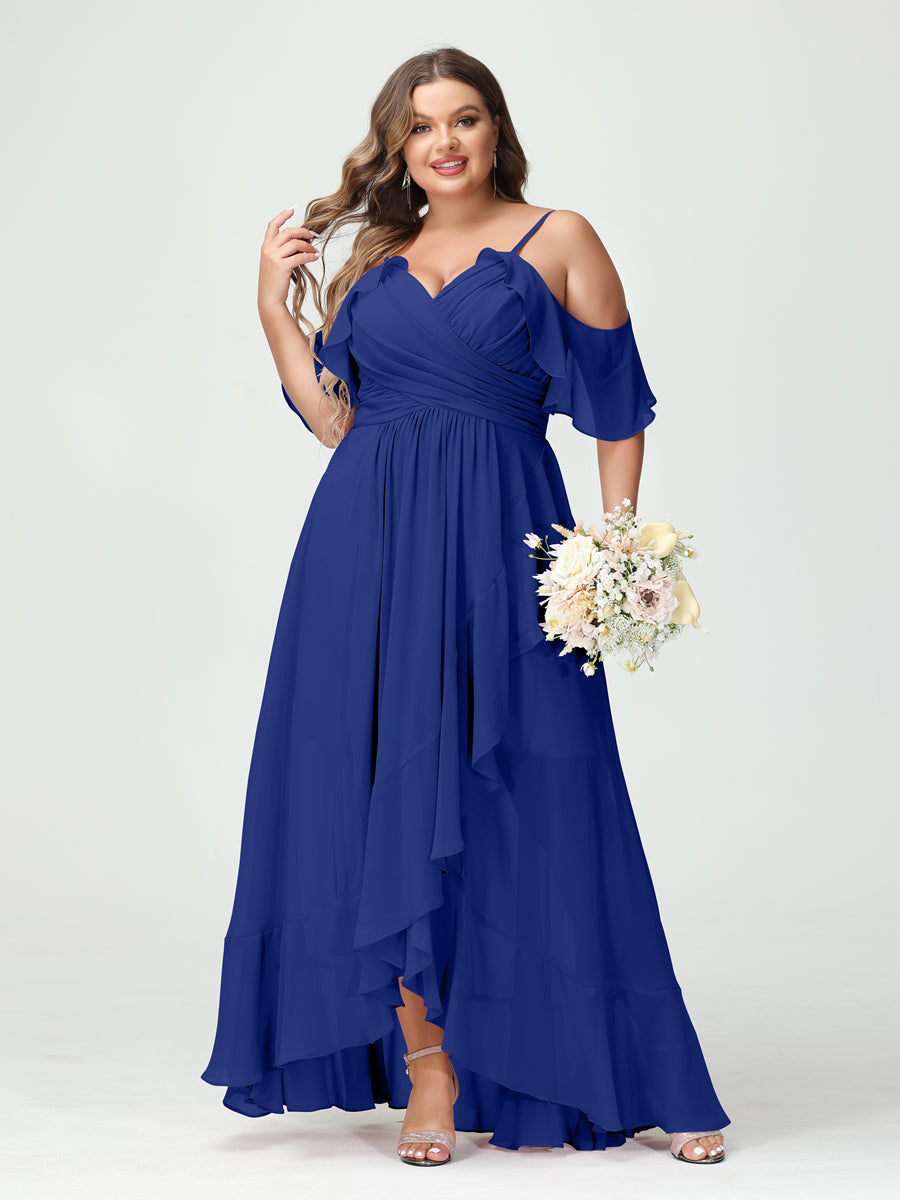 A-Line/Princess Spaghetti Straps V-Neck Short Sleeves Chiffon Ruffles Asymmetrical Plus Size Bridesmaid Dresses Dark Royal Blue