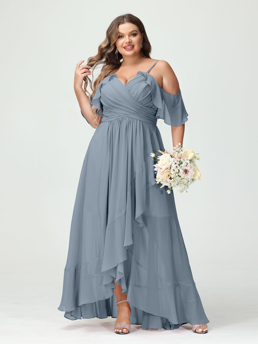 A-Line/Princess Spaghetti Straps V-Neck Short Sleeves Chiffon Ruffles Asymmetrical Plus Size Bridesmaid Dresses Dusty Blue
