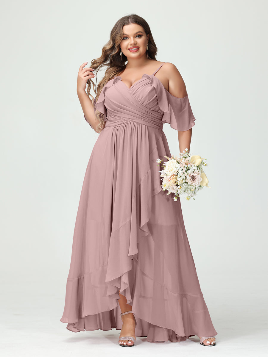 A-Line/Princess Spaghetti Straps V-Neck Short Sleeves Chiffon Ruffles Asymmetrical Plus Size Bridesmaid Dresses Dusty Pink