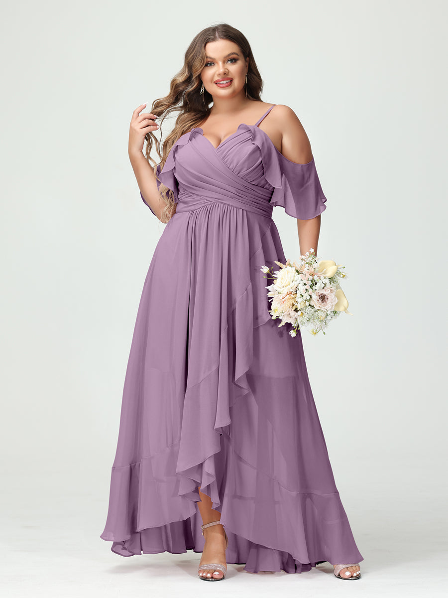 A-Line/Princess Spaghetti Straps V-Neck Short Sleeves Chiffon Ruffles Asymmetrical Plus Size Bridesmaid Dresses Dusty Purple
