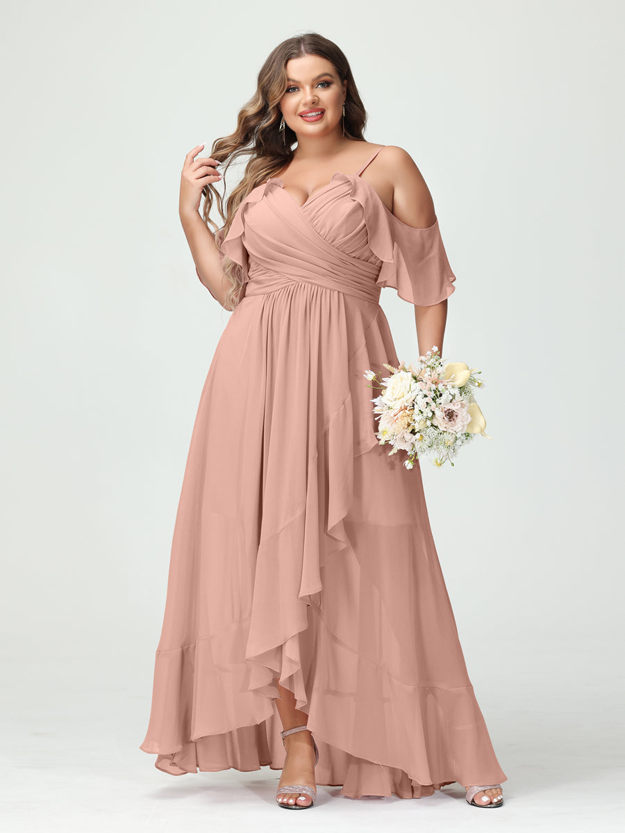 A-Line/Princess Spaghetti Straps V-Neck Short Sleeves Chiffon Ruffles Asymmetrical Plus Size Bridesmaid Dresses Dusty Rose