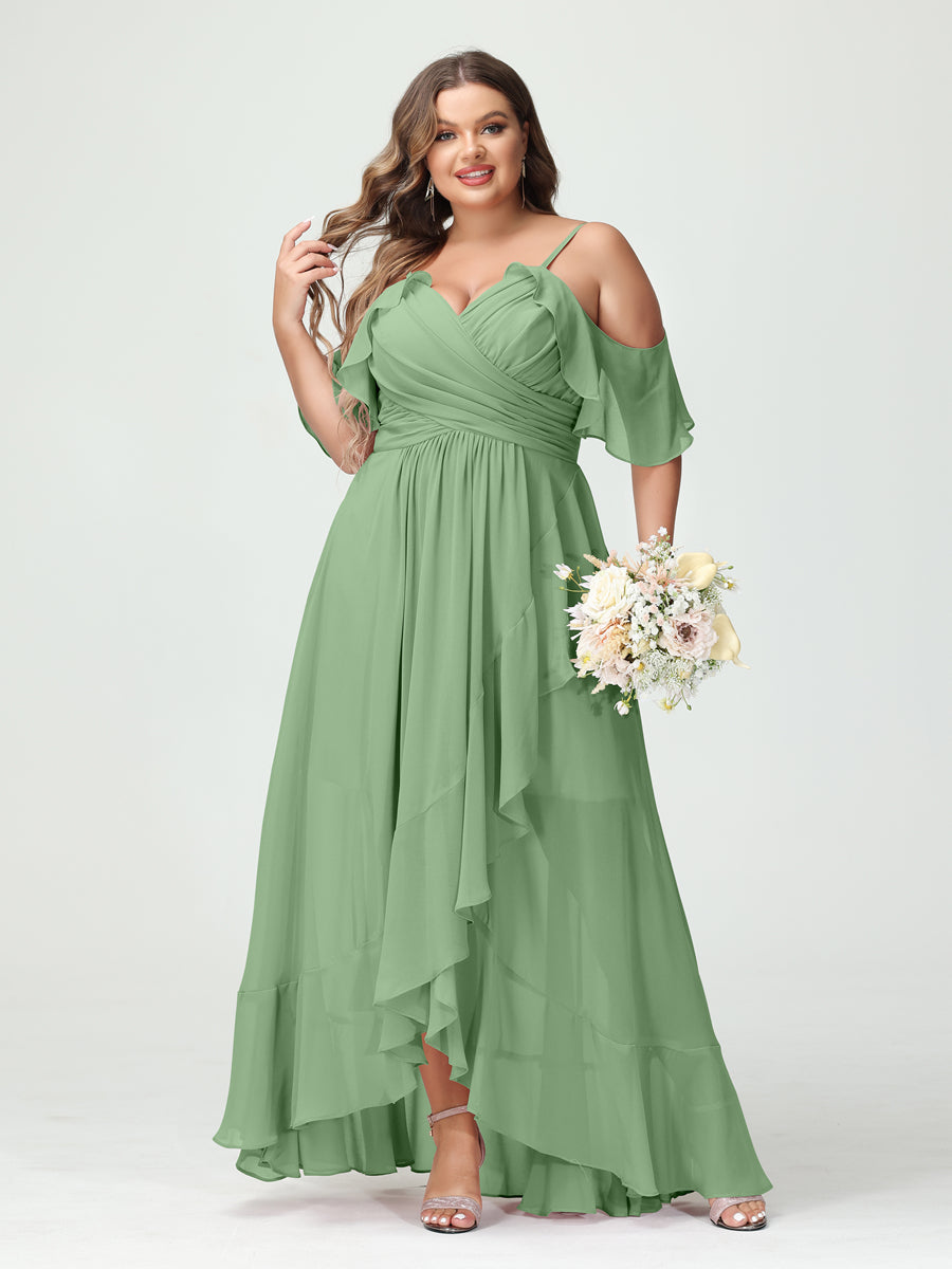 A-Line/Princess Spaghetti Straps V-Neck Short Sleeves Chiffon Ruffles Asymmetrical Plus Size Bridesmaid Dresses Dusty Sage