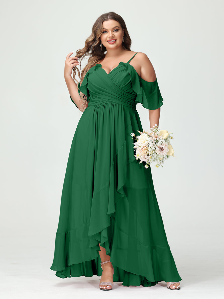 A-Line/Princess Spaghetti Straps V-Neck Short Sleeves Chiffon Ruffles Asymmetrical Plus Size Bridesmaid Dresses Emerald