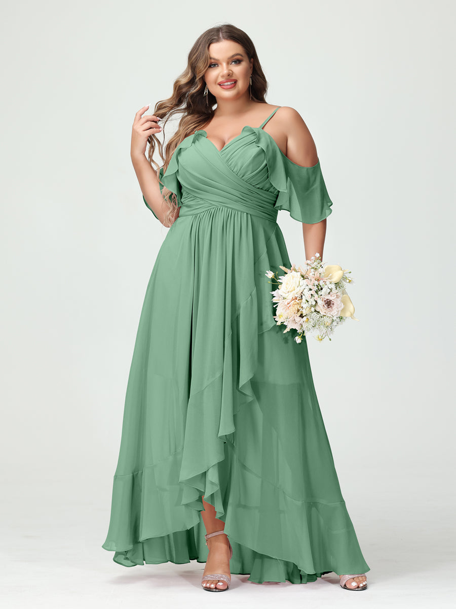 A-Line/Princess Spaghetti Straps V-Neck Short Sleeves Chiffon Ruffles Asymmetrical Plus Size Bridesmaid Dresses Eucalyptus