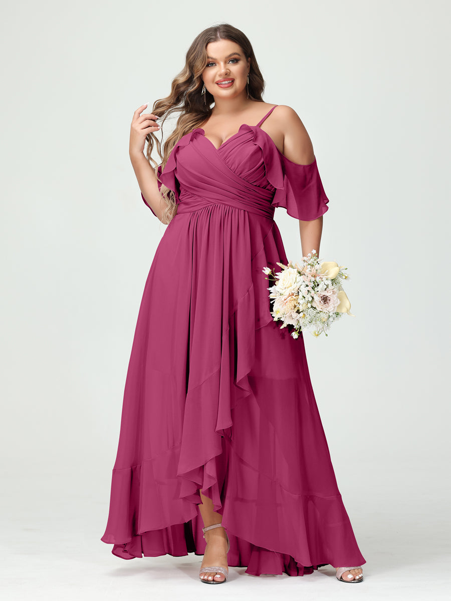 A-Line/Princess Spaghetti Straps V-Neck Short Sleeves Chiffon Ruffles Asymmetrical Plus Size Bridesmaid Dresses Fuchsia