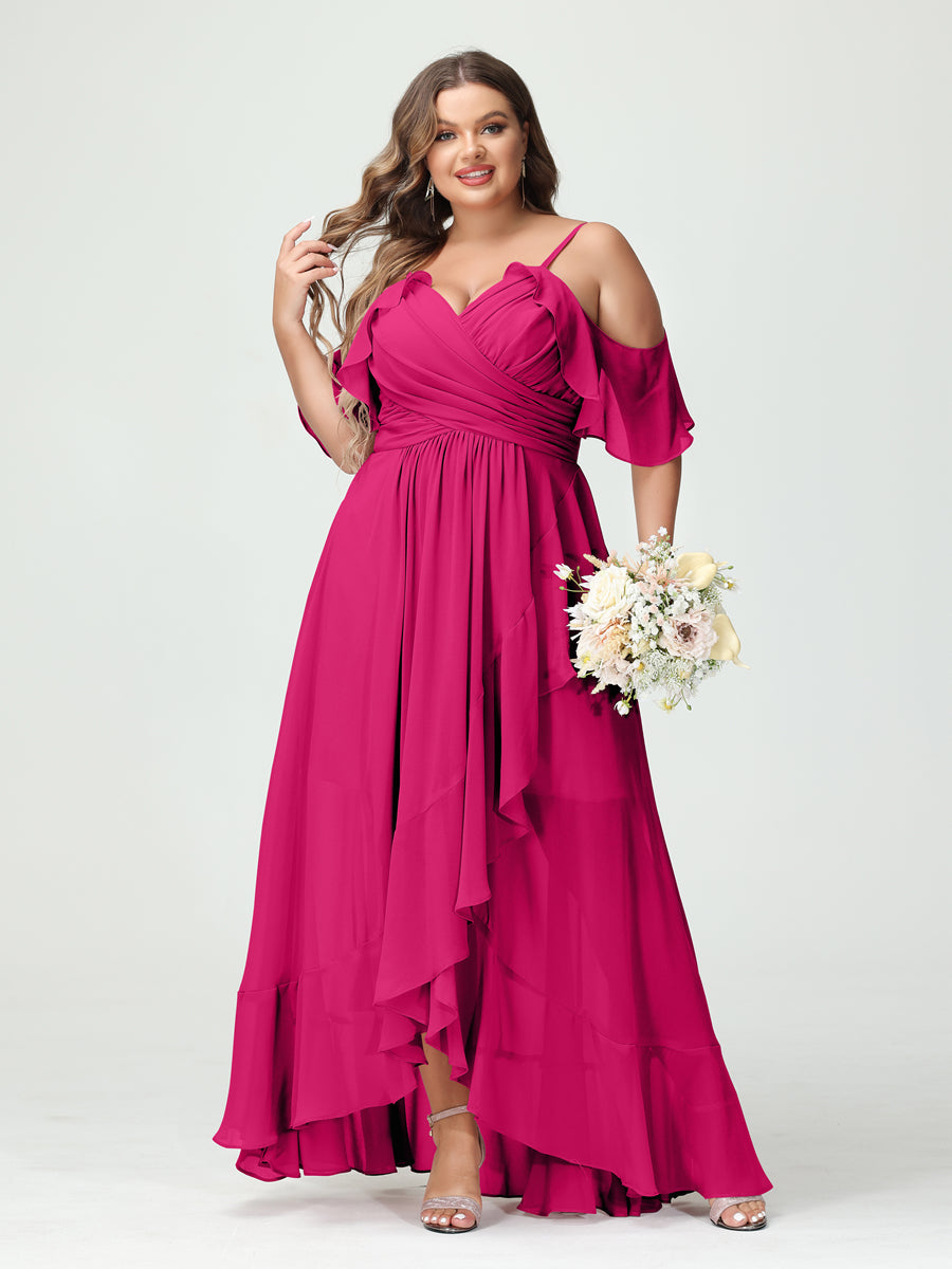 A-Line/Princess Spaghetti Straps V-Neck Short Sleeves Chiffon Ruffles Asymmetrical Plus Size Bridesmaid Dresses Fuchsia Pink