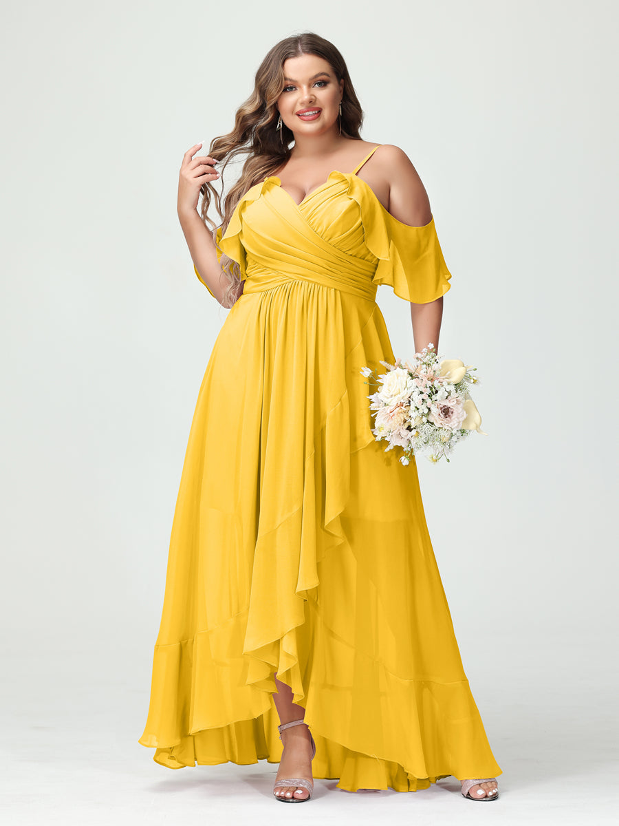 A-Line/Princess Spaghetti Straps V-Neck Short Sleeves Chiffon Ruffles Asymmetrical Plus Size Bridesmaid Dresses Gold